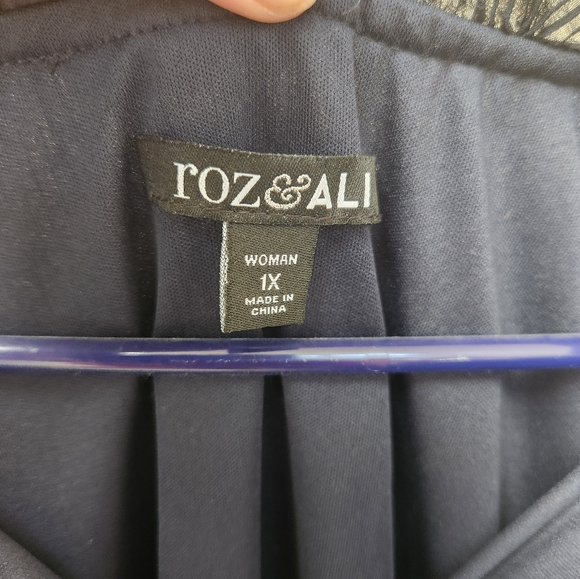 Roz & Ali 1X Dark Blue Pleated Sheer Sequined Blouse - Picture 3 of 5